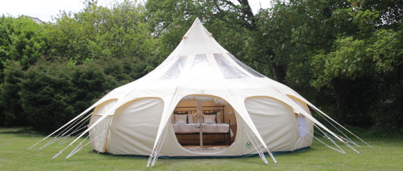 6m Tents - picture of a canvas, 6m bell tent with roof cover. Perfect 6 man tent with lots of standing room and superior quality. Lotus Belle